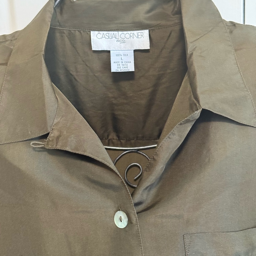 Casual Corner Olive 100% silk  Button-Front Shirt.
L - Picture 4 of 8